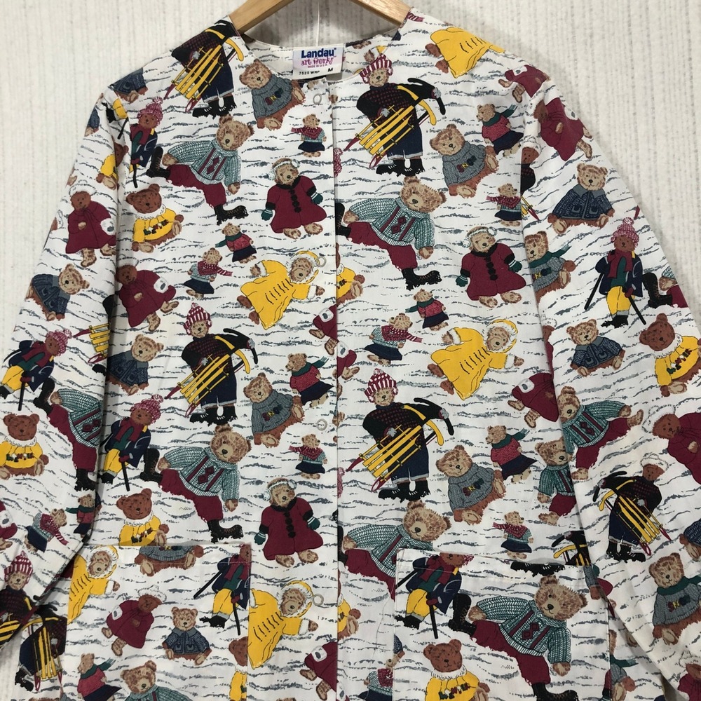 Landau Artworks Teddy Bear Print Button Front Scrub Long Sleeve‎ Top Medium